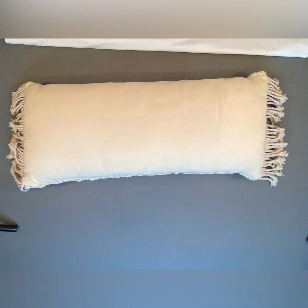 Macrame Lumbar Pillow, 27”‎ x 12”, natural color with blue detail